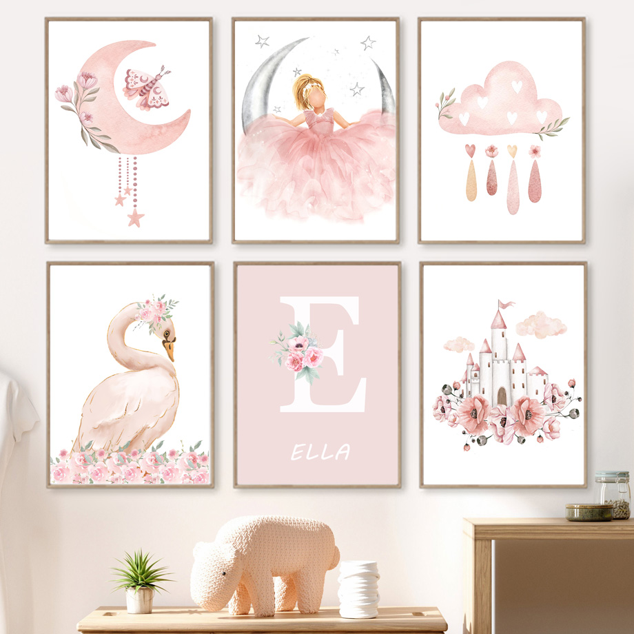 Baby Nursery Decor Girl - Ángel rosa niña sol Luna nube